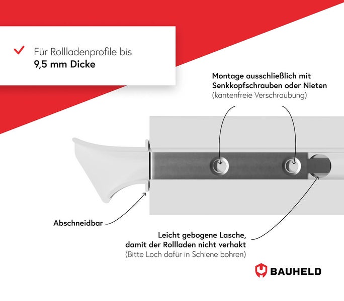 Detailansicht Rollladenprofil bis 9,5 mm Dicke mit Montagehinweisen und Bauheld Logo