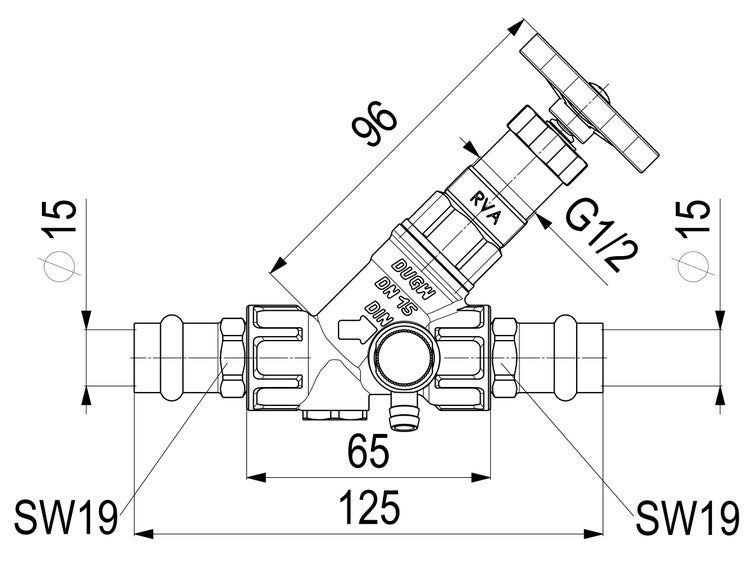 Maßzeichnung eines Schrägsitzventils mit Maßen in Millimetern, DVGW-Zertifizierung und Anschlussgröße G ein halb.