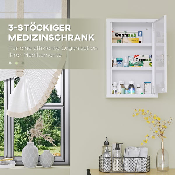 kleankin Medizinschrank, Apothekerschrank mit 3 Schichten, Abschließbarer Arzneischrank, Medikamentenschrank mit 2 Schlüsseln, Wand-Medizinbox, Stahl, Weiß, 30 x 14 x 46 cm