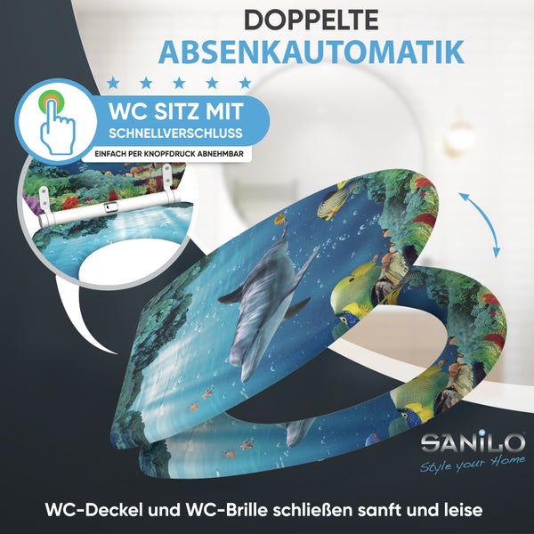 Sanilo Toilettensitz mit Delfin-Motiv, doppelter Absenkautomatik und Schnellverschluss zum Abnehmen per Knopfdruck. Sanilo Logo.
