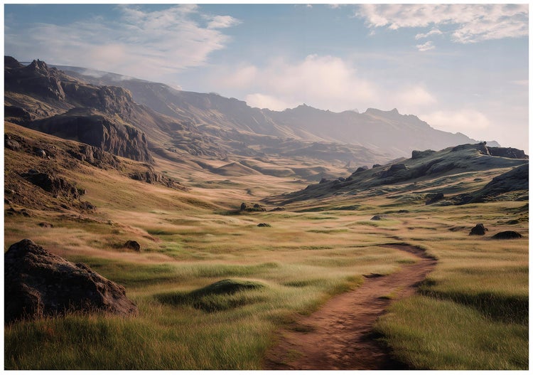 Landschaft mit einem Pfad durch grüne Wiesen und Bergen im Hintergrund