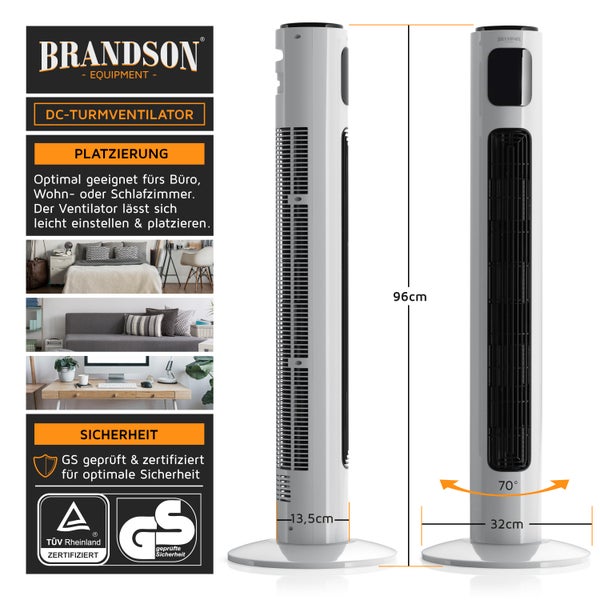 Brandson ECO Turmventilator Silent, 12 Leistungsstufen, Ventilator Standventilator mit DC-Motor, Timer, inkl. Fernbedienung, sehr leise