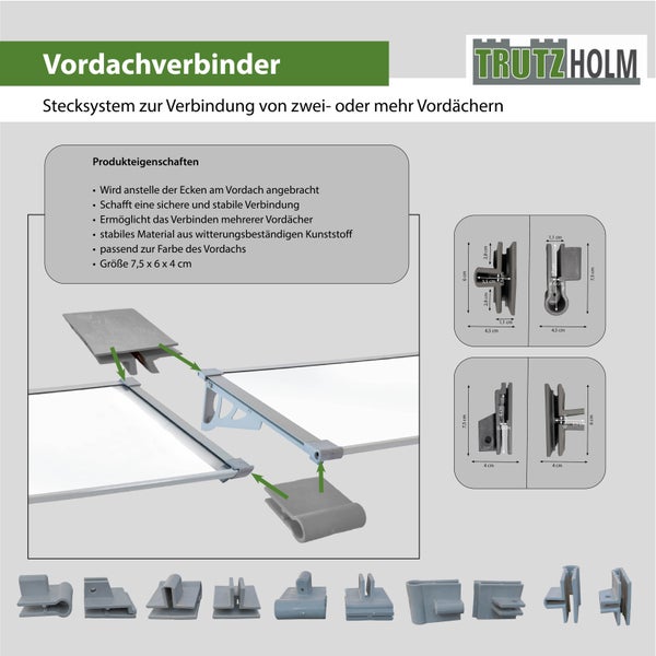 Trutz Holm Vordachverbinder als Stecksystem zur Verbindung von mehreren Vordächern aus witterungsbeständigem Kunststoff mit technischen Skizzen.
