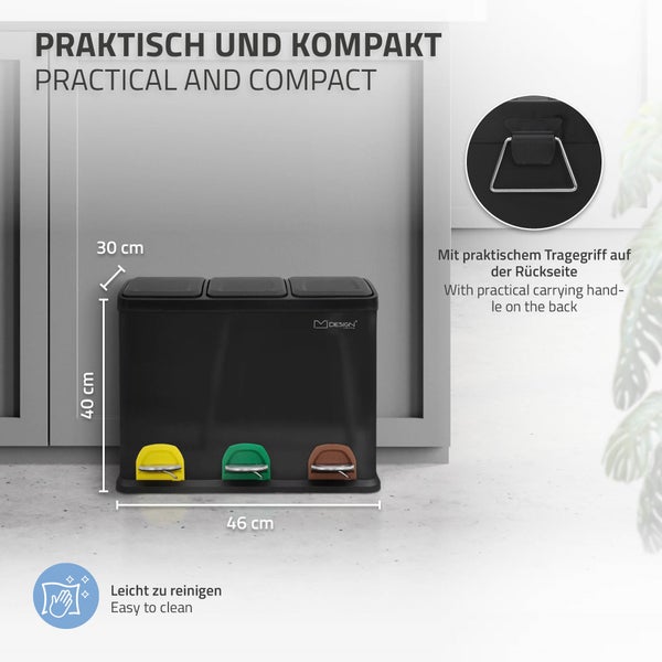 ML-Design Mülleimer Küche 3x 8L (24Liter), Schwarz, Mülltrennsystem 3 Fächer, Treteimer zur Mülltrennung, Abfalleimer aus Stahl mit Inneneimer aus Kunststoff & Klappdeckel, farblicher Kennzeichnung