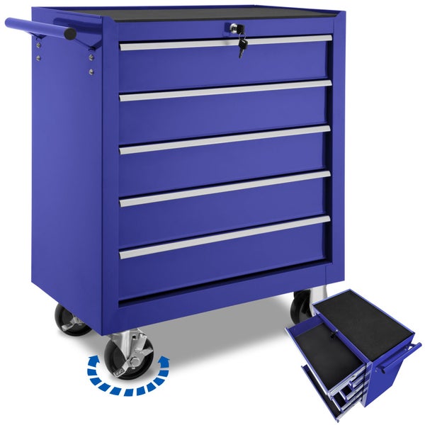 Werkzeugwagen tectake  Rollen Ø 100 mm 5 kugelgelagerte Schubladen mit Antirutschmatten blau