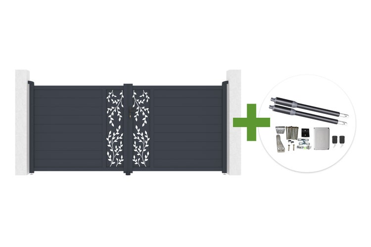 Zweiflügeliges Drehtor aus Aluminium in Anthrazit mit weißem Laser-Cut-Blattdekor inklusive elektrischem Drehtorantrieb-Set.