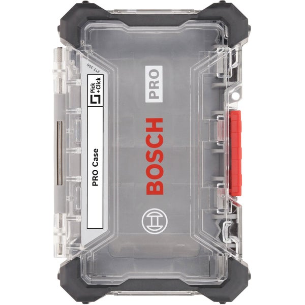 Bosch Professional Zubehörbox aus Kunststoff mit gummierten Ecken, Rückansicht mit Produktetikett und Bosch Logo.