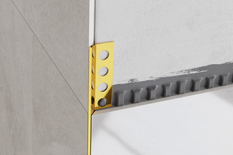 Fliesenprofil aus Metall zum Schutz und zur Dekoration von Fliesenkanten.