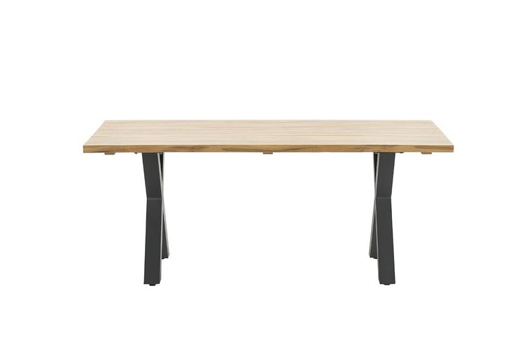 Rechteckiger Esstisch mit einer Tischplatte aus Holz und schwarzen Metallbeinen in X-Form.