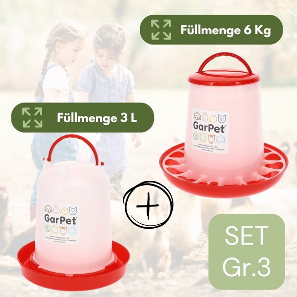 Futterautomat Hühner + Hühnertränke im Set Futterspender Futtertrog Küken Hühner Zubehör Kükentränke Geflügeltränke Wassertränke Wasserspender Gr. 3