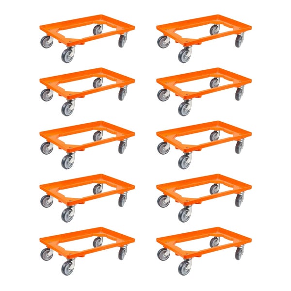 PROREGAL SparSet 10x Transportroller für Euroboxen 60 x 40 cm mit Gummiräder Orange Offenes Deck 4 Lenkrollen Traglast 300 kg