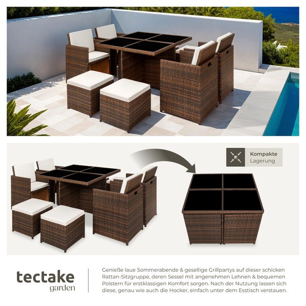 Rattan Sitzgruppe tectake Manhattan 2 Bezugssets, zusammenschiebbar, inklusive Schutzhülle mit Aluminiumgestell schwarz/braun