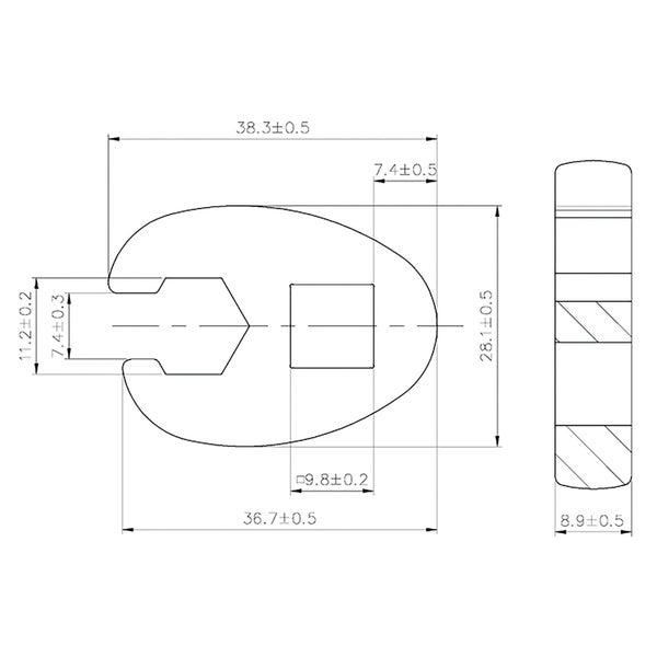 Technische Zeichnung eines Verbindungselements mit Maßangaben