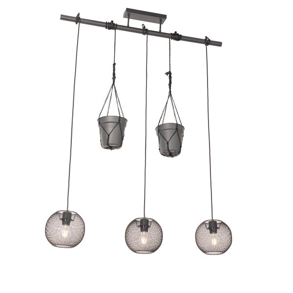 Mehrflammige Hängelampe mit Lampenschirmen und Pflanzgefäßen.