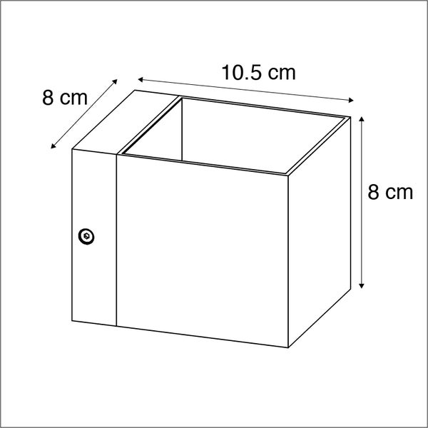 Technische Zeichnung einer Wandleuchte mit den Maßen 8 cm, 8 cm und 10,5 cm