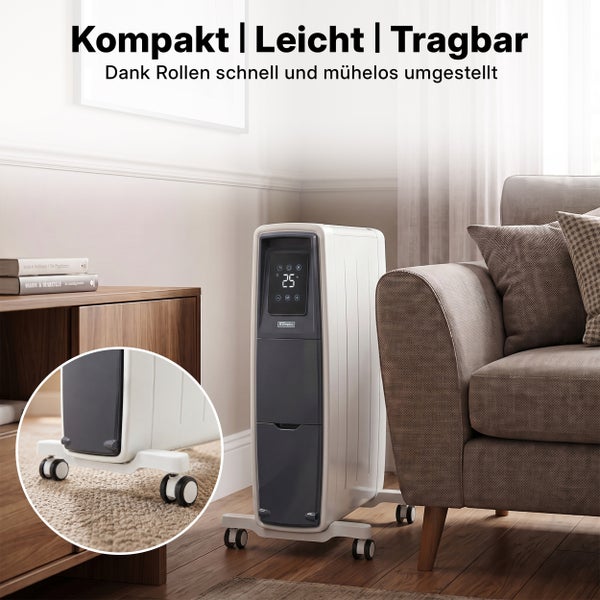 Kompakter Dimplex Heizkörper mit Rollen für flexible Positionierung in einem Wohnzimmer mit Sofa und Holzmöbeln.