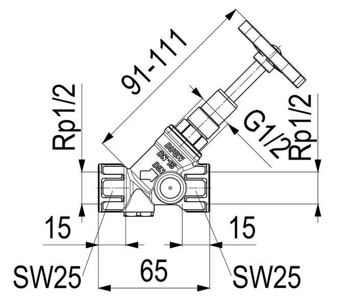 Technische Zeichnung eines Freistromventils mit Nenndurchmesser 15, Maßen in Millimeter und Gewindeangaben Rp 1/2 sowie G 1/2.