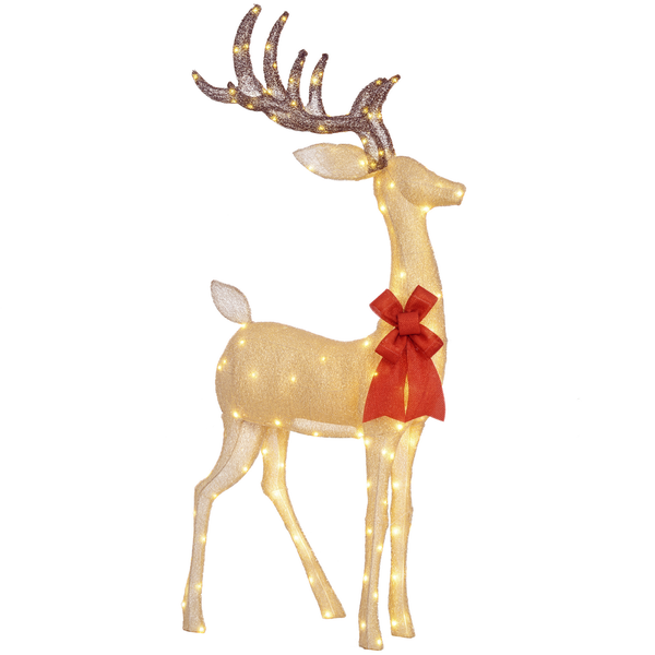 Stehende Weihnachtsfigur Rentier mit warmweißer Beleuchtung und roter Schleife.