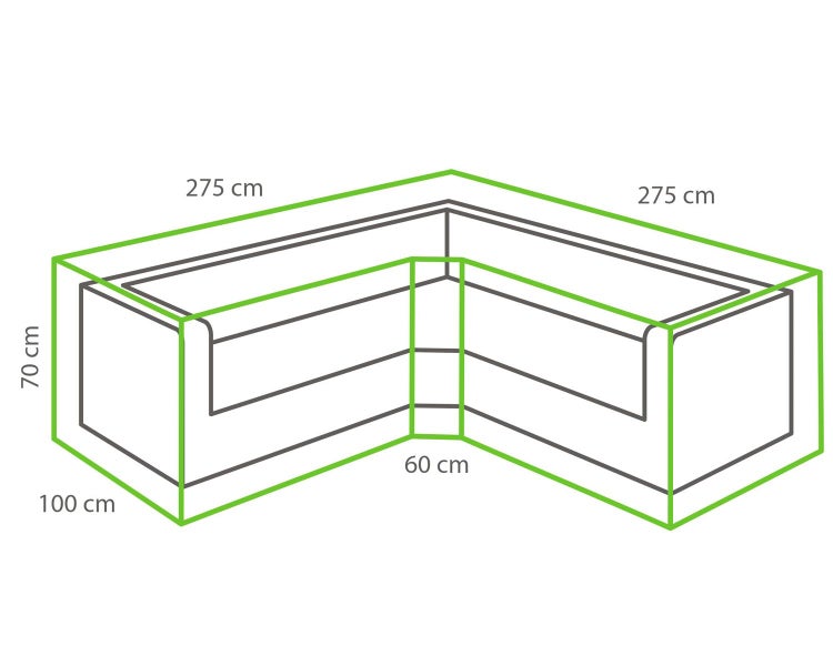 Maßzeichnung eines Ecksofas mit den Maßen 275 cm x 275 cm x 100 cm x 70 cm x 60 cm.