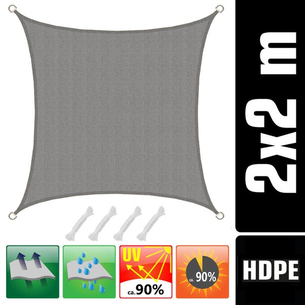 AMANKA UV Sonnensegel - 2x2 m HDPE Quadratisch - Sonnenschutz Plane Überdachung Garten Balkon Grau