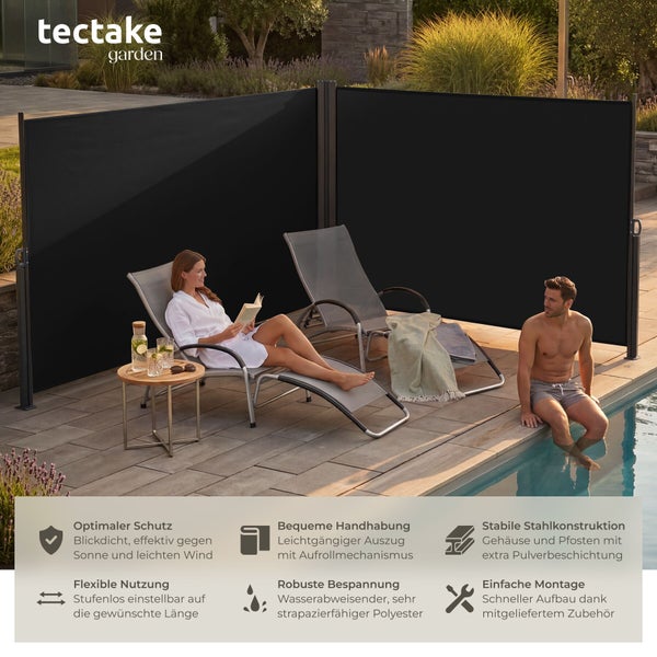 tectake Doppel-Seitenmarkise für Sichtschutz und Windschutz auf einer Terrasse am Pool. Stabiler Stahl, Polyester. tectake Logo.
