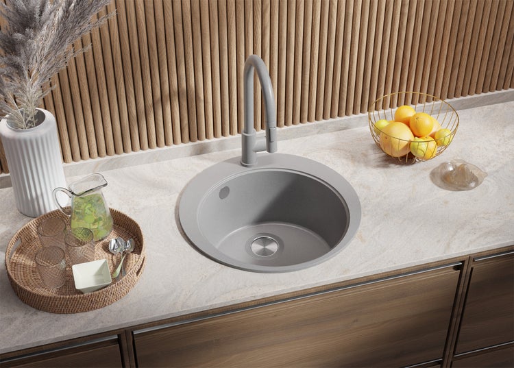 PRIMAGRAN Spülbecken Rund Grau 50x50cm, Granitspüle 1 Becken + Ablauf-Set + Schneidebrett, Küchenspüle ab 45er Unterschrank - Pisa