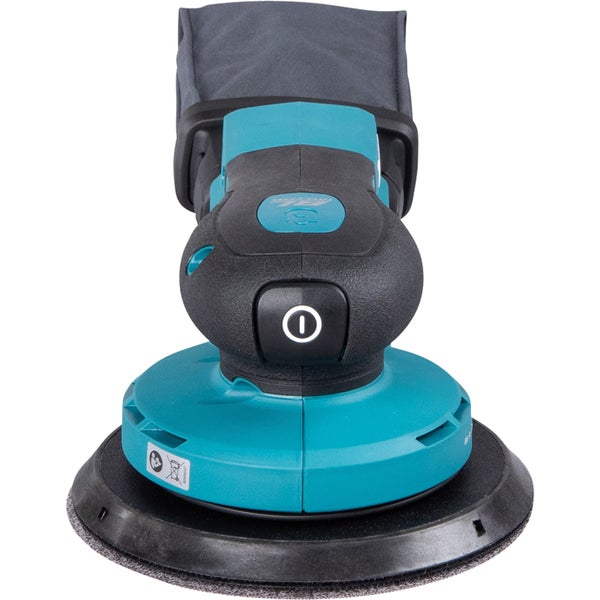 Türkis-schwarzer Exzenterschleifer mit rundem Schleifteller, ergonomischem Griff, vorderem Ein-Ausschalter und Staubauffangbeutel.