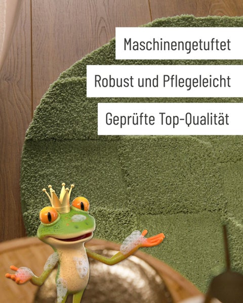 Runder grüner Badeteppich mit strukturiertem Hoch-Tief-Muster auf einem Holzfußboden.