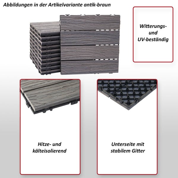 Terrassenfliesen aus Holz-Kunststoff-Verbundwerkstoff mit Holzstruktur, witterungsbeständig, isolierend und mit stabilem Gitter auf der Unterseite.