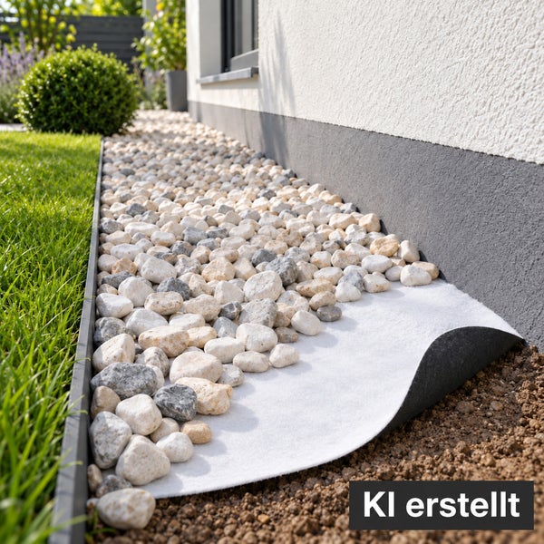 Ein Hausfassadenstreifen mit Kiesbett, Unkrautvlies und Rasenkante als moderne Gartengestaltung an einer Hauswand.