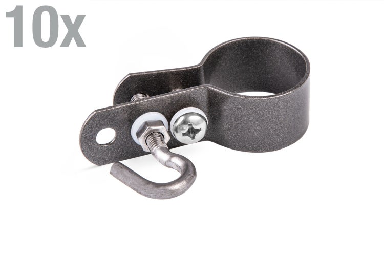 Set aus 10 Stück Rohrschellen mit Haken aus Metall zur Befestigung von Rohren oder Leitungen.
