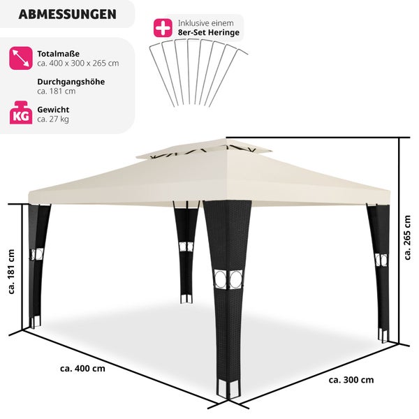 Rattan Gartenpavillon tectake Mona inklusive Heringen 4 x 3 m schwarz/creme