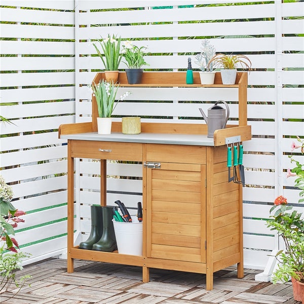 Gartentisch mit Arbeitsplatte, Schublade, Schrank und Ablagefläche für Pflanzen und Gartengeräte