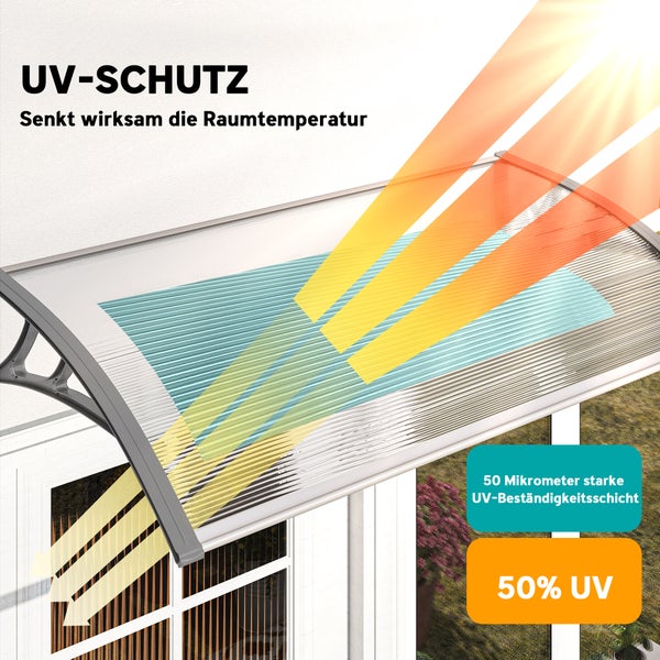 Haustürvordach mit UV-Schutz zur Senkung der Raumtemperatur, 50 Mikrometer starke UV-Beständigkeitsschicht.