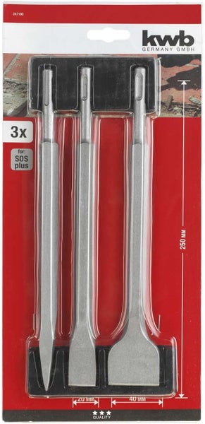 kwb SDS Plus Jeu de burins pour marteau perforateur, 3 pièces - burin pointu, burin plat, burin à copeaux