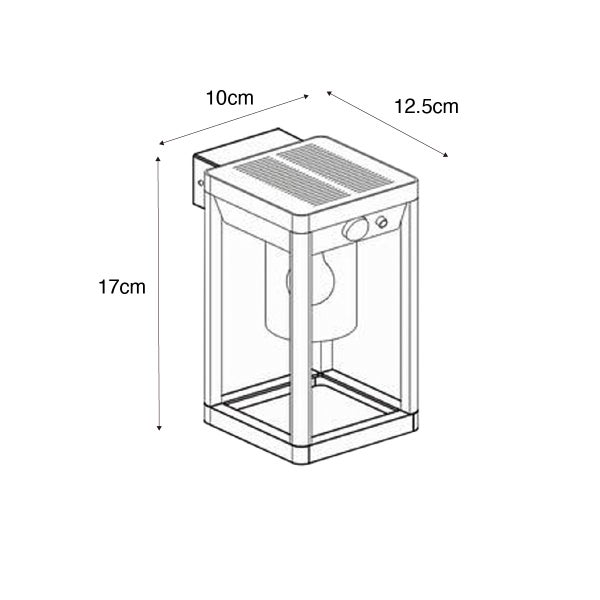 Technische Zeichnung einer Solar-Wandleuchte mit Maßen: Höhe 17 Zentimeter, Breite 10 Zentimeter, Tiefe 12,5 Zentimeter.