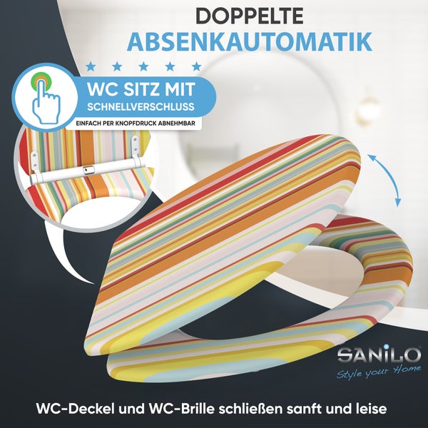 Sanilo WC-Sitz mit bunt gestreiftem Muster, doppelter Absenkautomatik und Schnellverschluss per Knopfdruck.