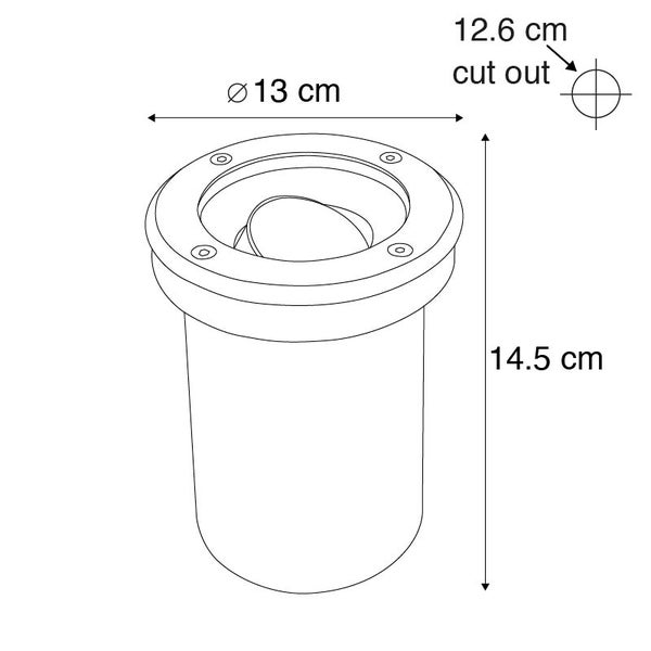 Maßzeichnung eines Bodenstrahlers: Durchmesser 13 Zentimeter, Höhe 14,5 Zentimeter, Lochausschnitt 12,6 Zentimeter.