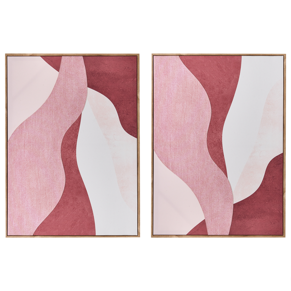 Zweiteiliges Wandbild-Set auf Leinwand mit abstrakten Formen in Rosa und Rot, gerahmt in Holzoptik.