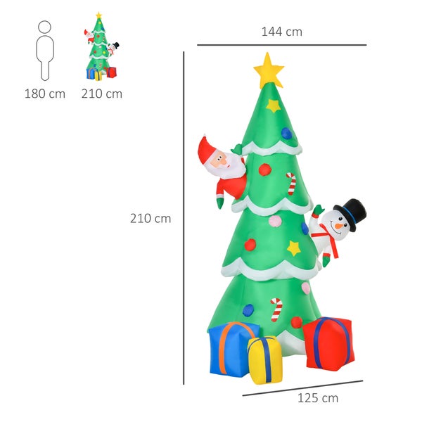 HOMCOM Aufblasbarer Weihnachtsbaum mit Weihnachtsmann, Schneemann und Geschenkbox, 144 x 125 x 210 cm, Polyester, Grün