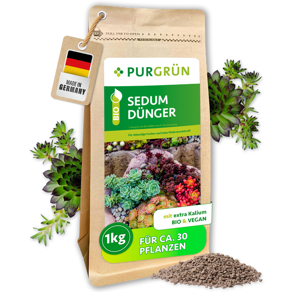 Purgrün Sedum Dünger 1 Kilogramm für zirka 30 Pflanzen, bio und vegan, für Sukkulenten, hergestellt in Deutschland.