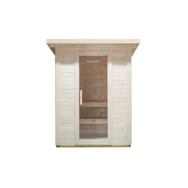 Sauna aus Holz mit Glastür und Home Deluxe Logo in gerader Frontansicht