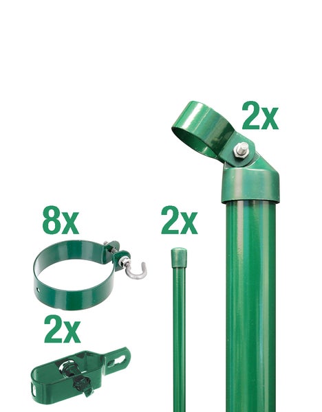 Set mit 2 Zaunpfosten, 2 Schellen, 8 Haken und 2 Zubehörteilen für die Zaunmontage.