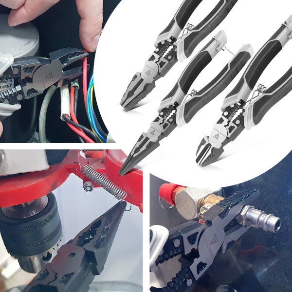 Stahlwerk Logo auf einem Zangenset mit Kombizange, Flachrundzange und Seitenschneider sowie Anwendungsbeispiele beim Drahtschneiden.