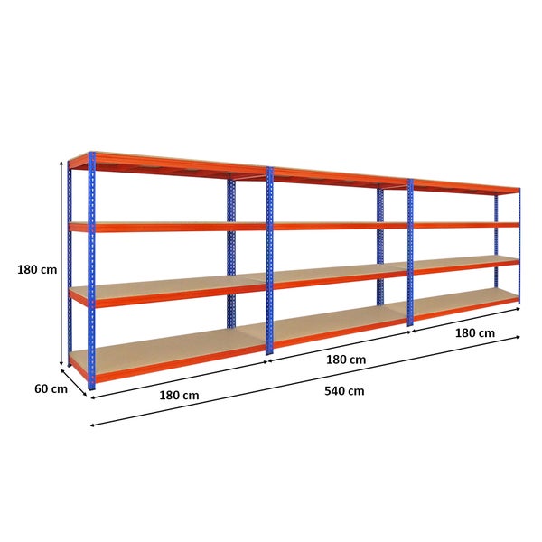 PROREGAL Mega Deal 3x Profi Schwerlastregal Bison HxBxT 200 x 200 x 60 cm 4 Fachböden Fachlast 600 kg Blau-Orange