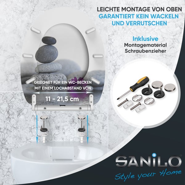 Sanilo WC-Sitz mit Zen-Stein-Motiv, Montagematerial, Schraubendreher, Lochabstand 11 bis 21,5 Zentimeter, Sanilo Logo.