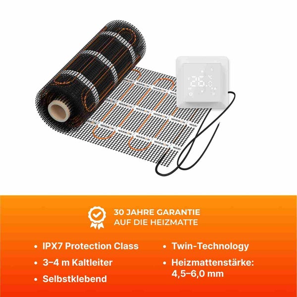 Elektrische Fußbodenheizung mit digitalem Thermostat zur Temperaturregelung.
