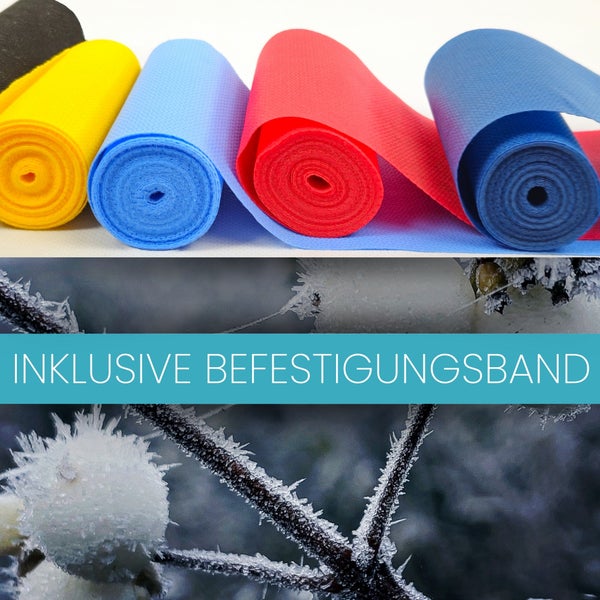 Rollen von Befestigungsband für den Pflanzenschutz im Winter und eine Nahaufnahme von Zweigen mit Frostkristallen.