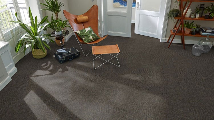 Dunkelbraune Teppichfliesen in einem hellen, modern eingerichteten Wohnzimmer mit Ledersessel und grünen Zimmerpflanzen.