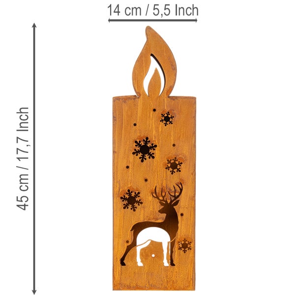 Dekorative Metallkerze in Rostoptik mit Hirsch und Schneeflocken, Höhe 45 Zentimeter (17,7 Zoll), Breite 14 Zentimeter (5,5 Zoll).